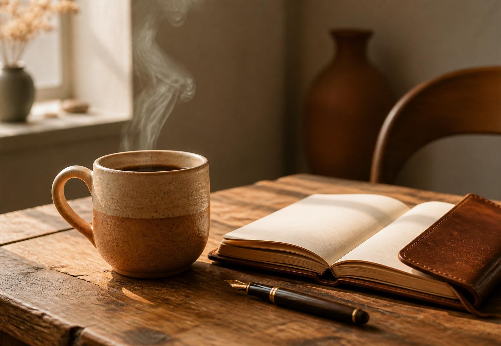 A ceramic coffee mug and open notebook on a wooden table.